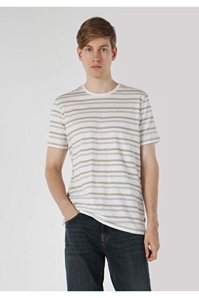 Colin's Tricou alb cu mânecă scurtă pentru bărbați, cu gât rotund, cu dungi