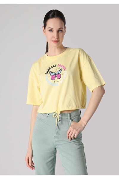 Colin's Tricou galben cu mânecă scurtă pentru femei, din bumbac, cu gât rotun...