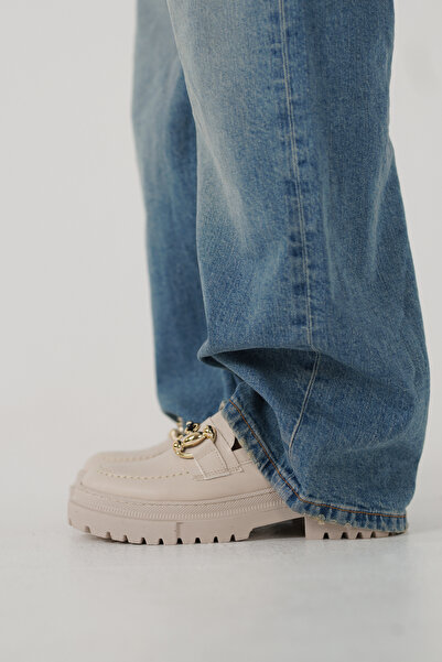 Capone Outfitters Mocasini de damă bej ecru cu vârf oval, cataramă metalică ș...