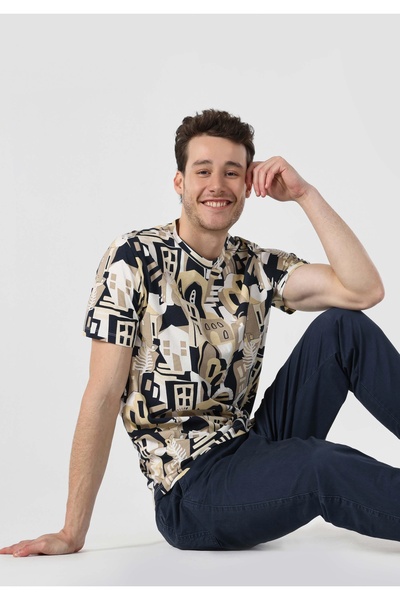 Colin's Tricou cu mânecă scurtă pentru bărbați, bej, cu gât rotund, cu imprim...
