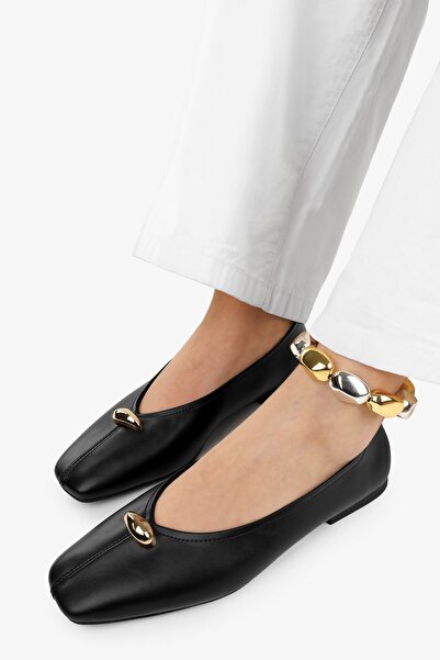 Shoeberry Women's Aurel Black Skin Gold Accessory Detail Ballet Flats