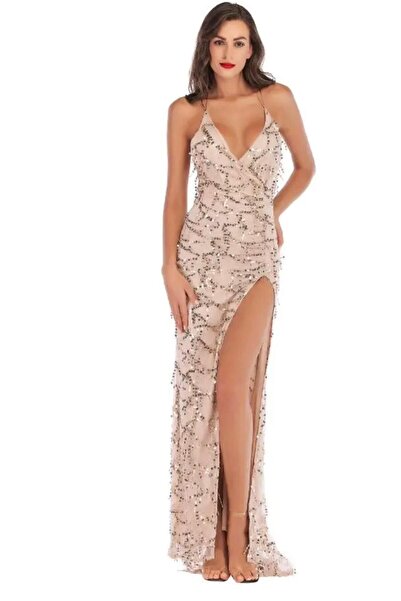 Genel Markalar BOYUNDAN BAĞLAMALI YIRTMAÇLI UZUN PUL PAYET SAÇAKLI ABİYE ELBİSE