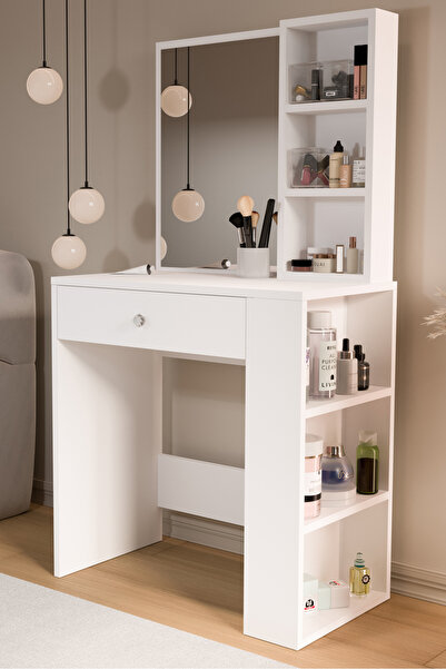Yurudesign Monroe Makyaj Masası Çekmeceli Düzenleyici Raflı Beyaz MO1-W