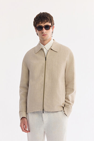 Avva سترة رجالية كلاسيكية باللون البيج مع ياقة وجيوب وسحاب من الكتان A61Y6005