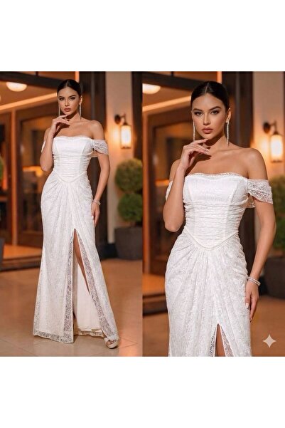 CİXAPLE Düşük Omuzlu Drapeli Simli Dantel Uzun Abiye