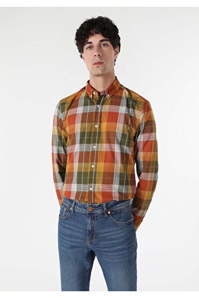 Colin's Slim Fit Shirt Neck Ekoseli Erkek Sari Uzun Kol Gömlek