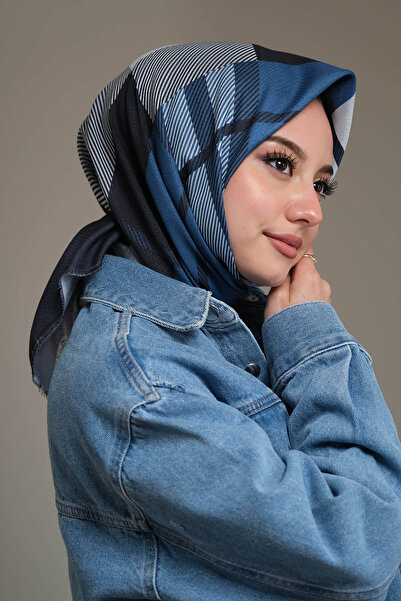 AFVENTE Синій м'який бавовняний шарф у квадратну смужку