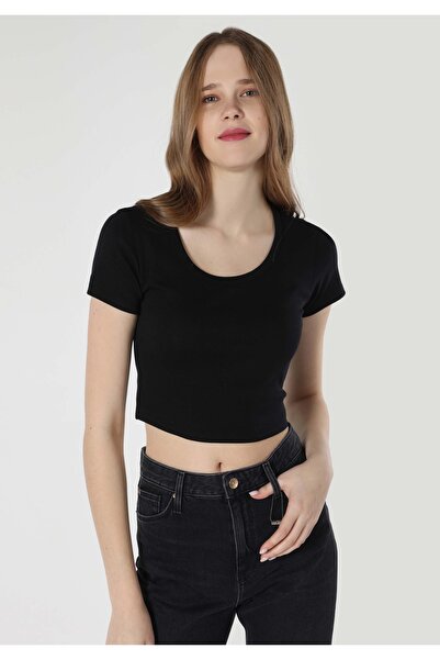 Colin's Tricou negru cu mânecă scurtă pentru femei, slim fit, cu gât rotund