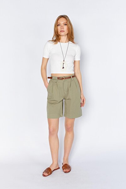 TENA Γυναικείο Σορτς Μίντι Χακί με Λικράν Ζώνη τεμαχίων Γκαμπαρντίνα