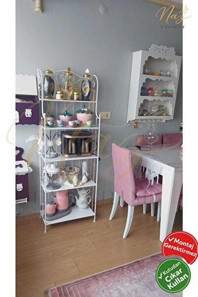 Ferforje Naz tasarım Naz Tasarım Ferforje 5 Katlı Çok Amaçlı Düz Raf Beyaz