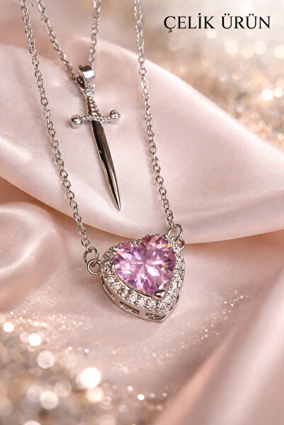 NAS fashion Çelik Kılıç Kalp Pembe Taşlı Pamuk Prenses Ve Avcı Kolye Çift Kol...