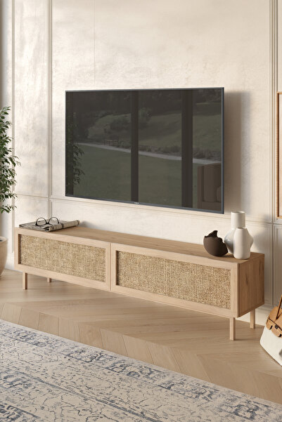 Yurudesign Future Tv Ünitesi Sehpası Ahşap Ayaklı Ahşap Jüt Kapaklı 180cm Sep...