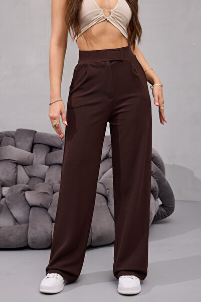 BİKELİFE بنطلون نسائي عالي الخصر من الليكرا بسحاب واسع الساقين من نوع بالازو