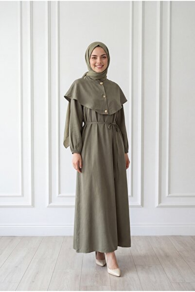 MİHRA STORE Φόρεμα Cupra με στολίδια και κουμπιά Anisa Pelerinli-NA2417 Χακί
