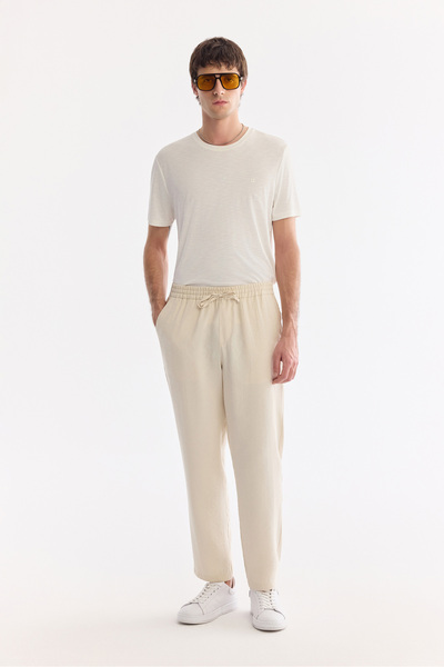 Avva Men's Ecru Elastic Waist Modal Blend Comfortable Cut Truva Relaxed Fit T...