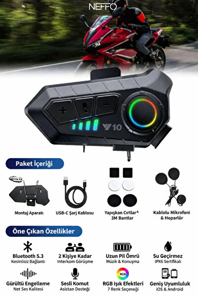 NEFFO V10 5.3 Motosiklet Kask Kulaklık Intercom Işıklı Motorsiklet Interkom