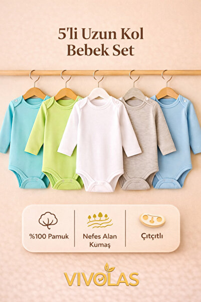 5'li Uzun Kollu %100 Pamuk Unisex Bebek Body Zıbın Seti Pastel Renkler 0-48 Ay