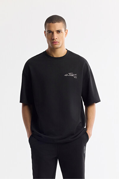 Avva Erkek Siyah Bisiklet Yaka Pamuklu 2 İplik Oversize Fit T-Shirt A51Y1095