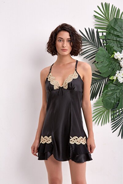 LOYA Siyah Gold Detailed Askılı Saten Tek Gecelik