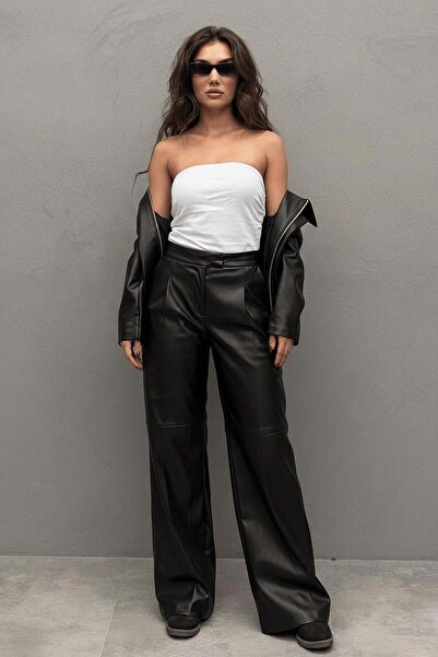 Madmext Pantaloni din piele pentru femei Black Penile Palazzo MG2612