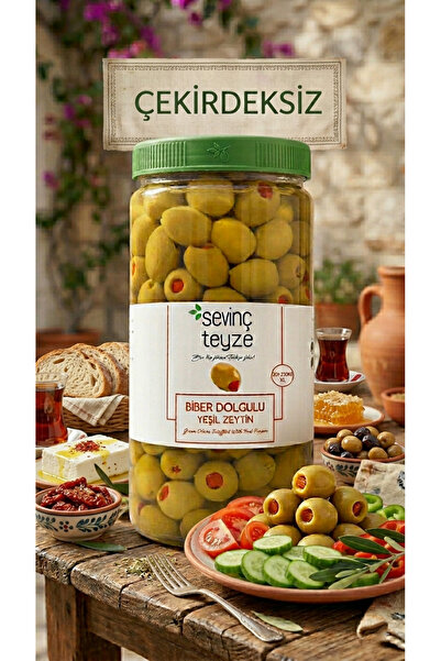 Organik Teyze Sevinç Teyze Çekirdeksiz Biber Dolgulu Yeşil Zeytin 1 Kg - Yöre...