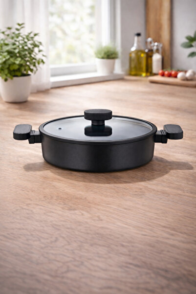 LAVONNI Valeria 30 cm Granite Flat Pot with Silicone Edged Glass Lid - Black ...