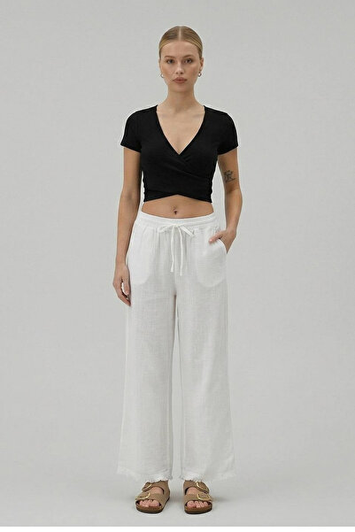 DIANNA Kadın Beli Lastikli Wide Leg Müslin Pantolon %100 Pamuk Geniş Bol Paça...