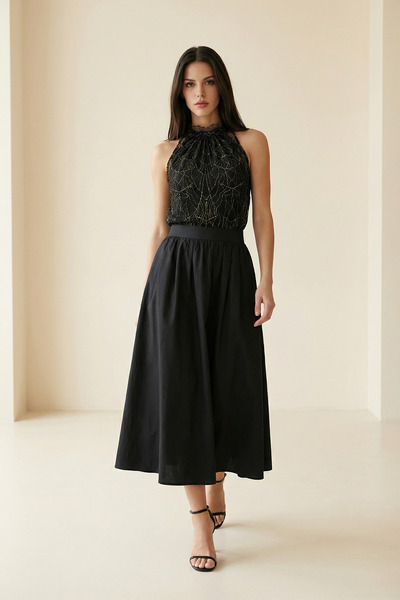 Setre Siyah Tam Kalıp Desenli Midi Boy Etek