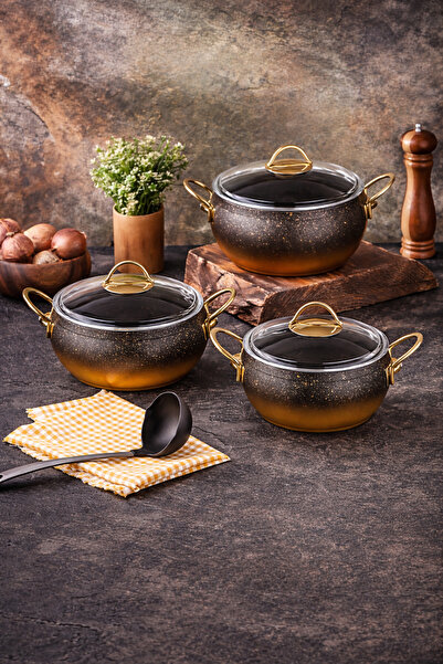 LAVONNI طقم قدور جرانيت ذهبي 6 قطع - 3 قطع