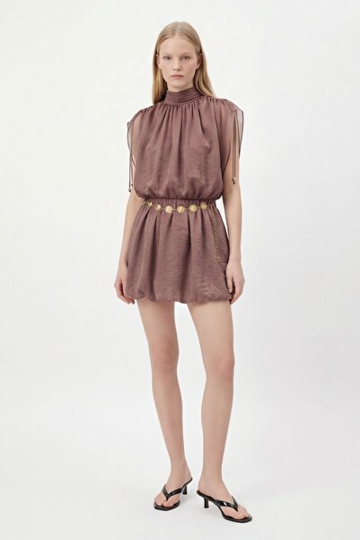 Quzu Rochie din tul maro la modă cu detaliu curea cu lanț