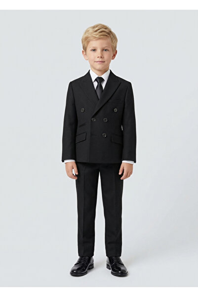 Micio Jachetă neagră cu guler lat pentru băiat, pantaloni negri, costum modern