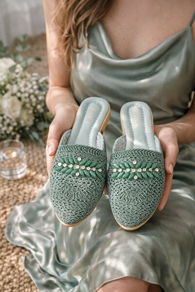 Slipcat Дамски сламени чехли Затворени предни мрежести дантелени камъни Стилн...