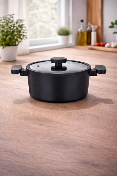 LAVONNI Valeria 22 cm Granite Deep Pot with Silicone Edged Glass Lid - Black