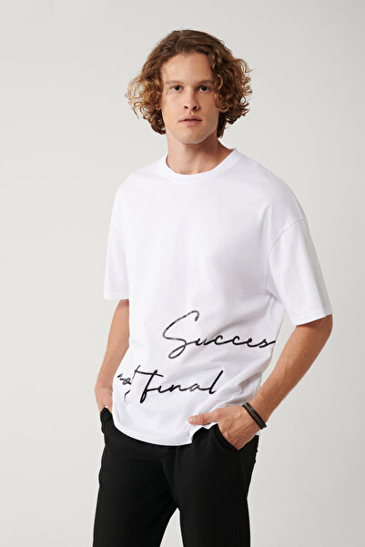 Avva Erkek Beyaz %100 Pamuk Bisiklet Yaka Baskılı Oversize Fit T-Shirt A41Y1038