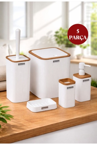 Okyanus Home طقم حمام مينا مربع مخطط من الخشب الأبيض مكون من 5 قطع