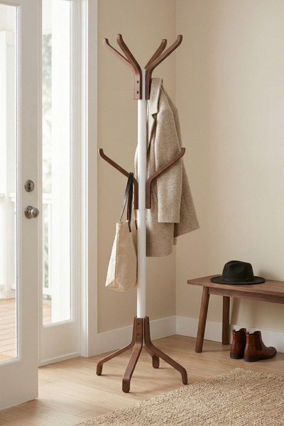 VİLİNZE Vesti Ahşap Kestane Ayaklı Beyaz Metal Portmanto Elbise Askılık