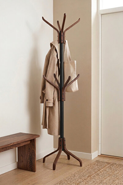 VİLİNZE Vesti Ahşap Kestane Ayaklı Metal Portmanto Elbise Askılık