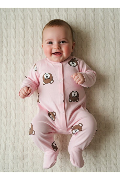 minço bebe Kız Bebek Ayıcık Baskılı Çıtçıtlı Patikli Pembe Tulum %100 Pamuk E...