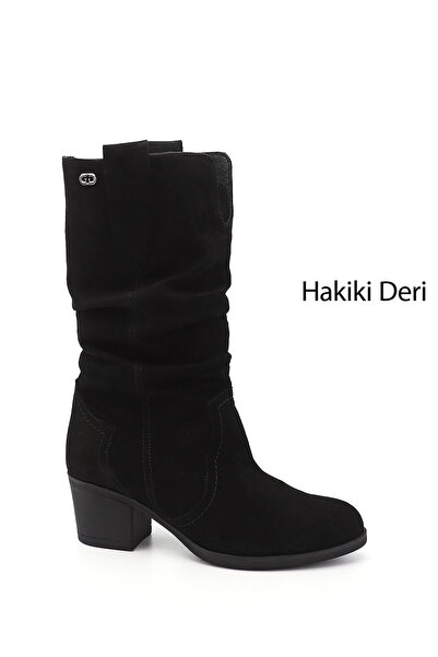 GÖNDERİ(R) Dámské/dívčí černé semišové měchové boty z pravé kůže na silném po...