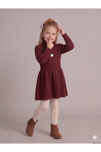 CLOUDY WEAR&DESİGN Girl's Hair Braided Turtleneck Knitwear Dress