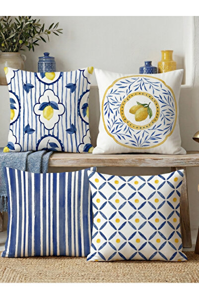 Evmila Akdeniz Serisi Limon Temalı 4'lü Dekoratif Kadife Kırlent Kılıfı