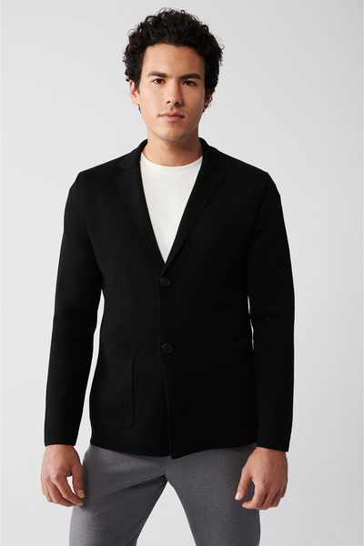 Avva Men's Black Mono Collar Wool Blended Knitwear Cardigan A32Y5004