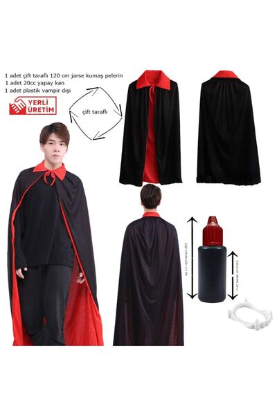 partidolu Kırmızı Siyah Renk 120 cm Çift Taraflı Drakula Vampir Pelerini Dişi...