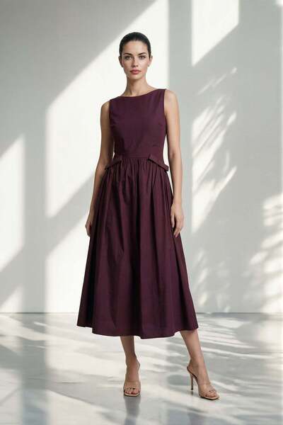 Setre Bordo %100 Pamuk Yakada Taş Ve Bel Detaylı Rahat Kesim Midi Elbise