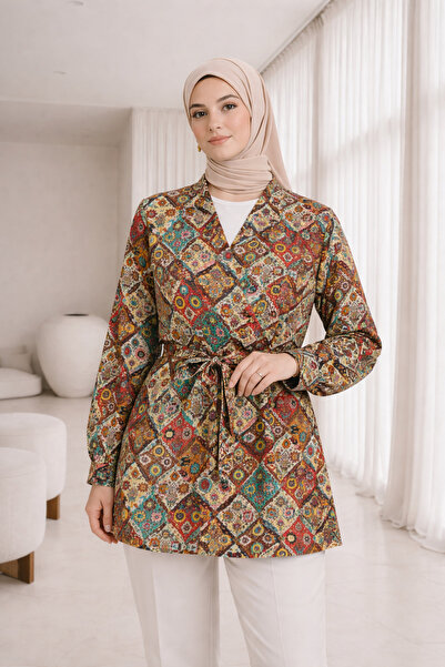bellura Beli Bağlamalı Cepli Desenli Astarlı Kimono