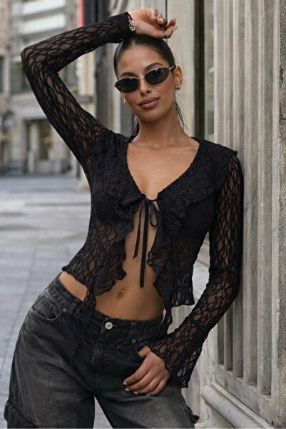Eka بلوزة نسائية سوداء برباط دانتيل 0600-0373