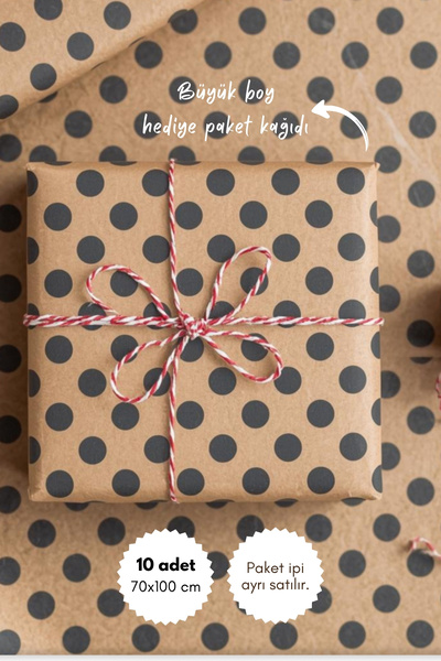 Bimotif 10lu Ambalaj, Paket Kağıdı, 70x100 cm Puantiye Desenli, Kraft-Siyah