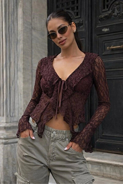 Eka بلوزة نسائية برباط دانتيل بني 0600-0373