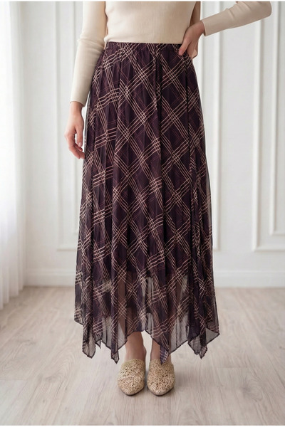 BENAHOLL Nimet Ριγέ Ασύμμετρη Φούστα Σιφόν-FA1077.1 Καφέ