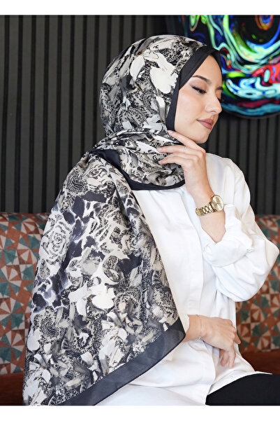 AFVENTE Şal din bumbac moale, negru-crem, cu model Karma